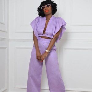 Purple Linen Set  - V-Neck Linen Ruffle Sleeves Pant Sets